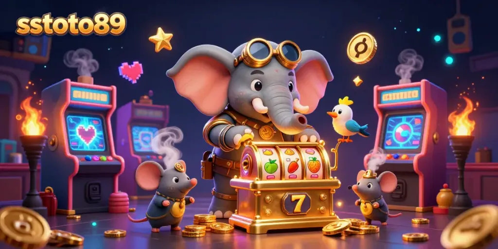 Melihat sstoto89 dalam ilustrasi kasino dengan mesin slot emas dan karakter unik