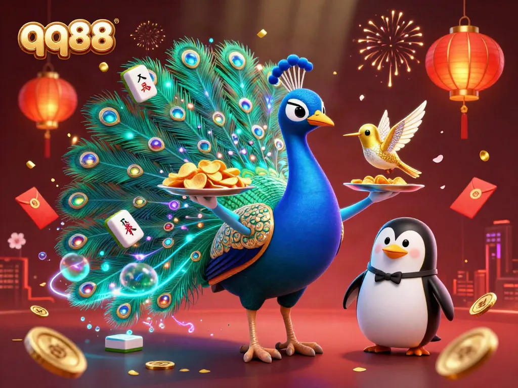 Place bets at qq88 with a lively, luxurious 3D casino scene featuring unique characters and festive elements.