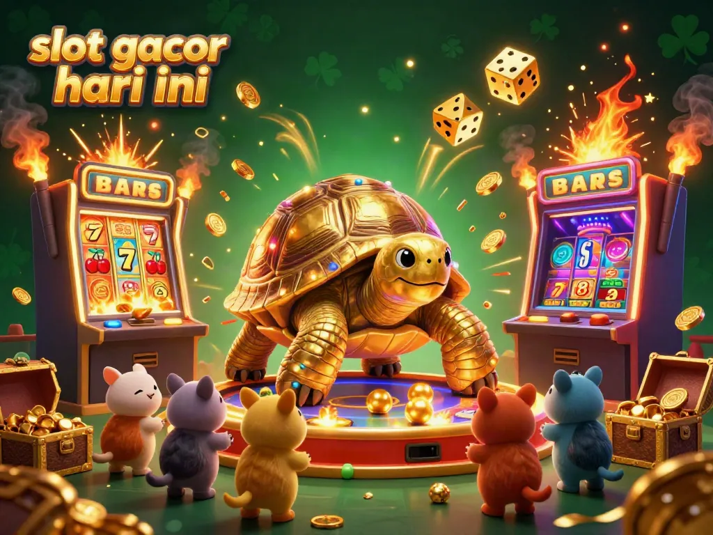Ilustrasi 3D slot gacor hari ini dengan karakter kura-kura emas dan mesin slot meledak koin, menampilkan suasana kasino yang meriah.