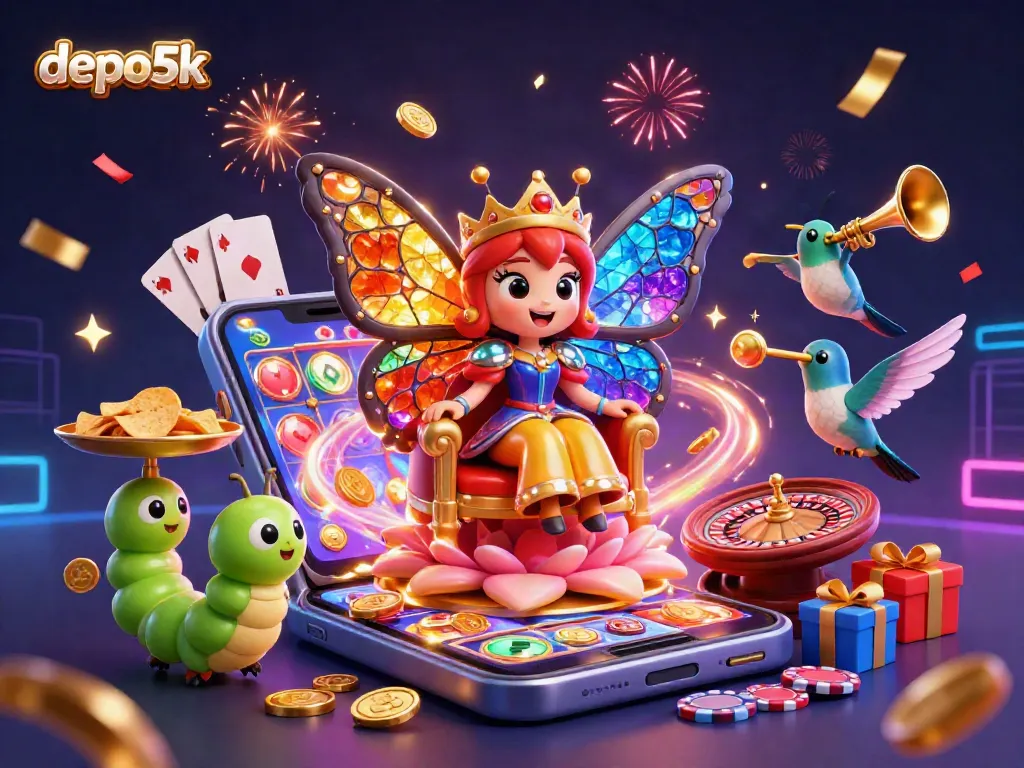 Spin to win with depo5k's vibrant gaming scene featuring a butterfly queen and slot game action!