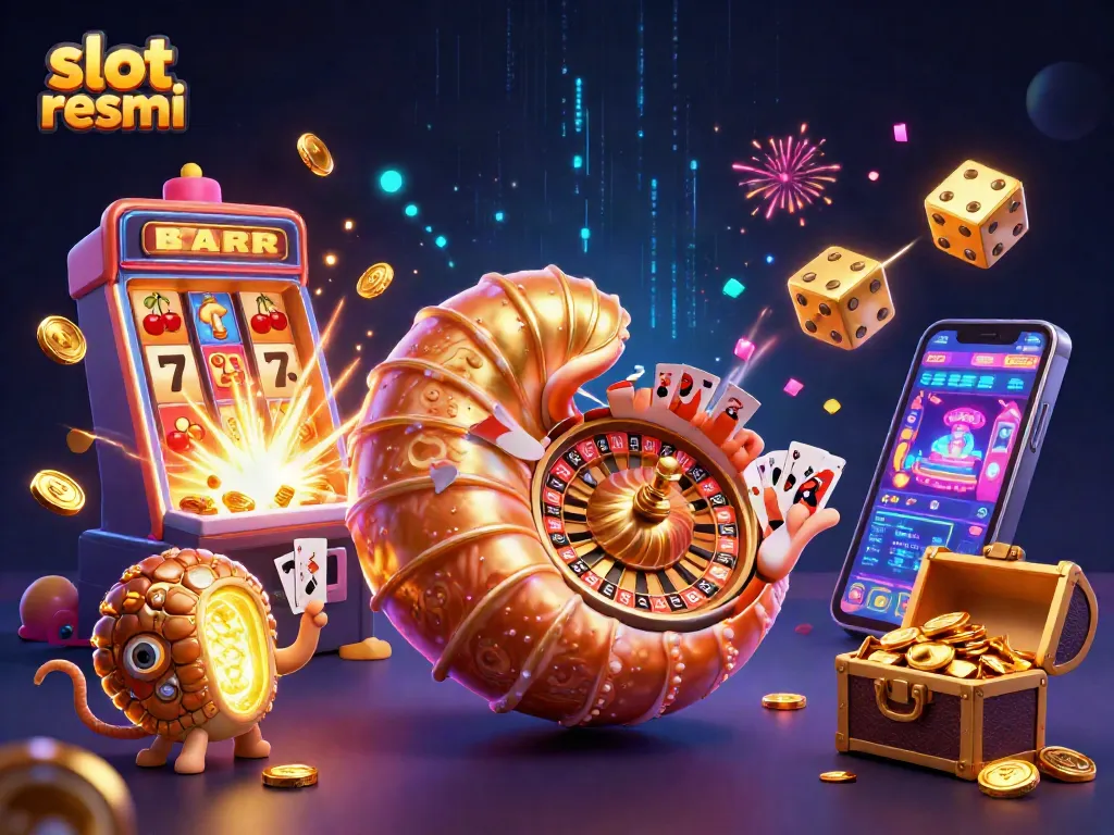 Memenangkan jackpot di slot resmi dengan berbagai simbol kemenangan dan mesin slot yang meledak penuh koin.