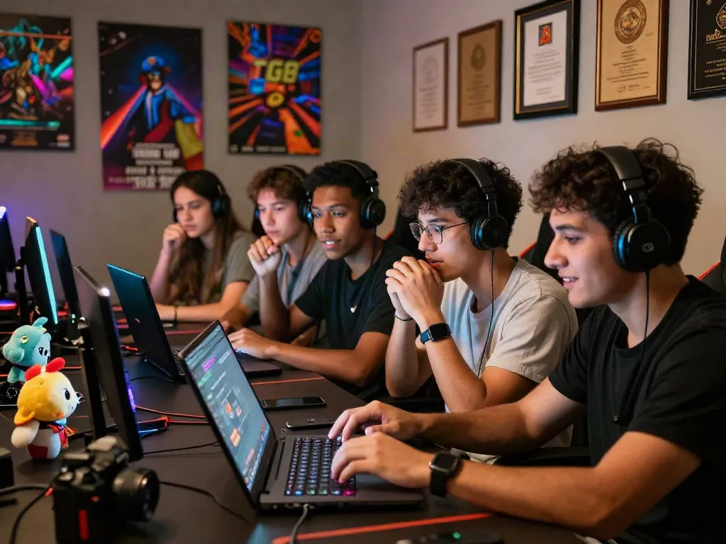 Captivating sgpslot gaming scene with friends engaged in online togel, illuminated by LED lights and decorated with gaming merchandise.