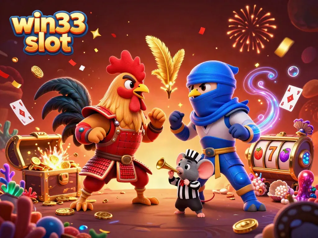 Engage with win33 slot excitement through a dramatic standoff of cartoon roosters in a vibrant casino scene.