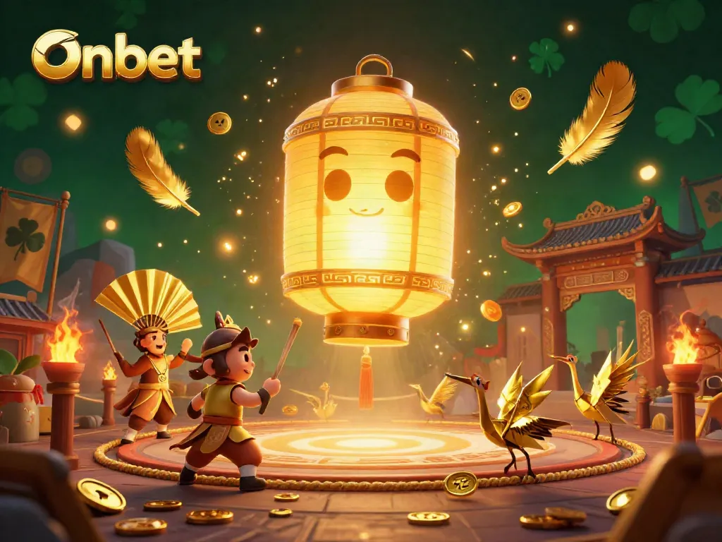 Experience the excitement at Onbet casino with a vibrant 3D illustration featuring a glowing lantern spirit and dynamic game elements.