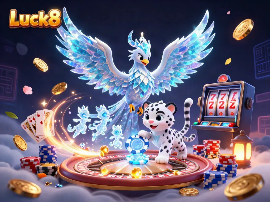 Experience the thrill of Luck8 with captivating ice characters amidst vibrant casino elements.
