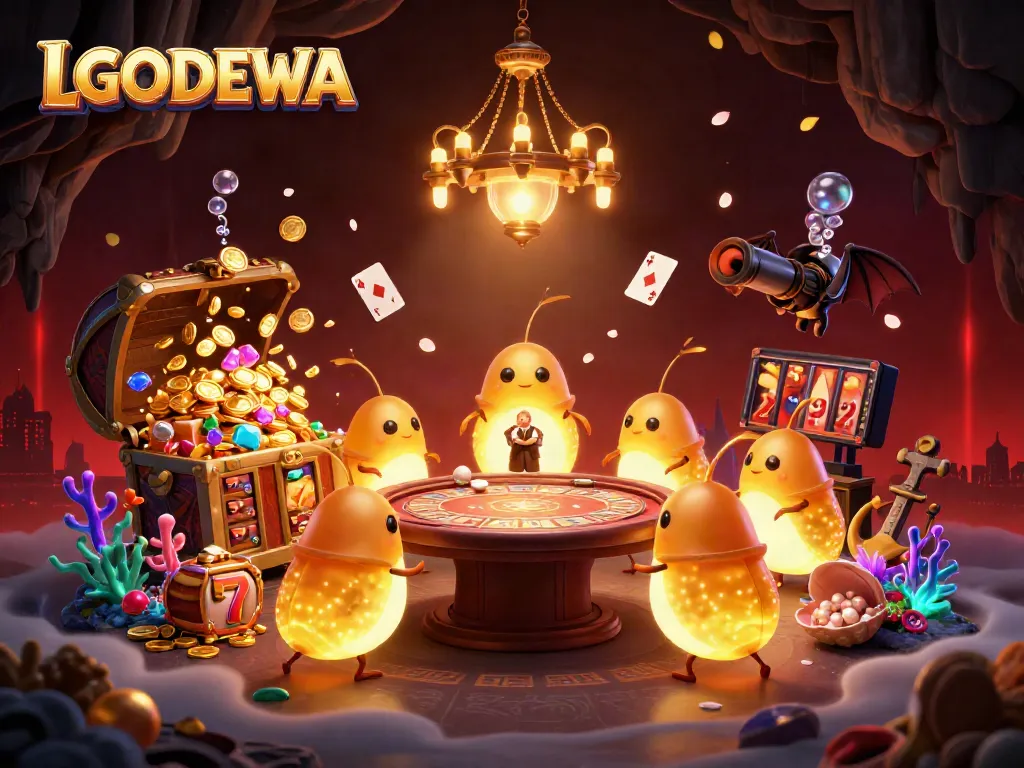 Experience the shine of LGODEWA as glowworms light up a vibrant cave casino filled with treasures.