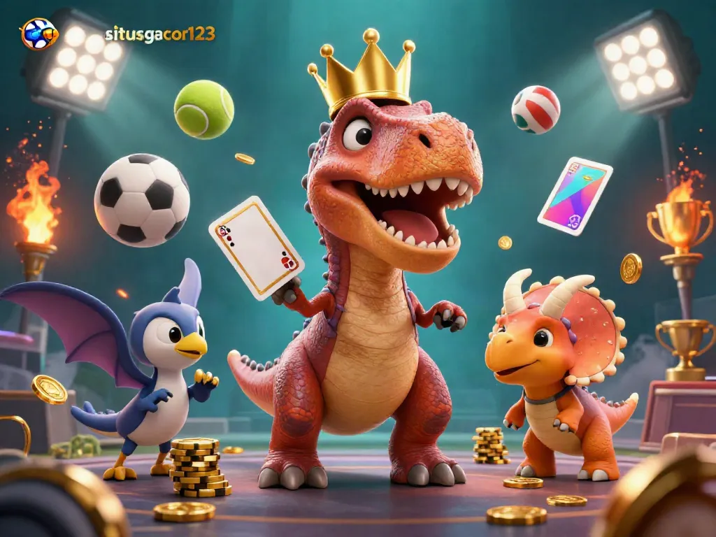 Engage with situsgacor123's vibrant, interactive sports scene featuring cartoon dinosaurs and dynamic betting elements.