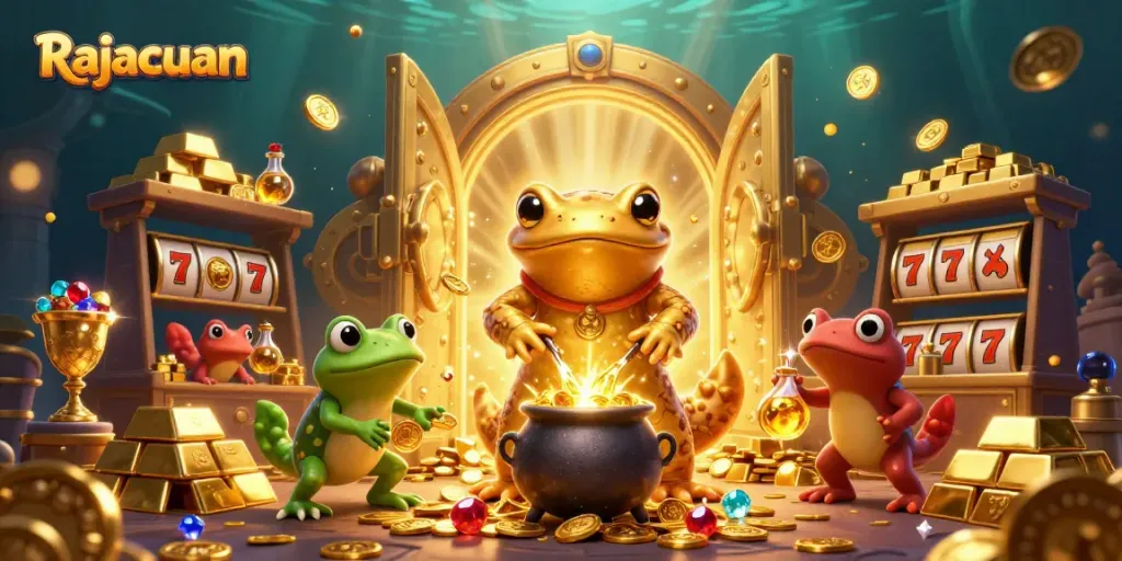Permainan Rajacuan yang seru dengan salamander emas dan cauldron keajaiban penuh logam berharga.