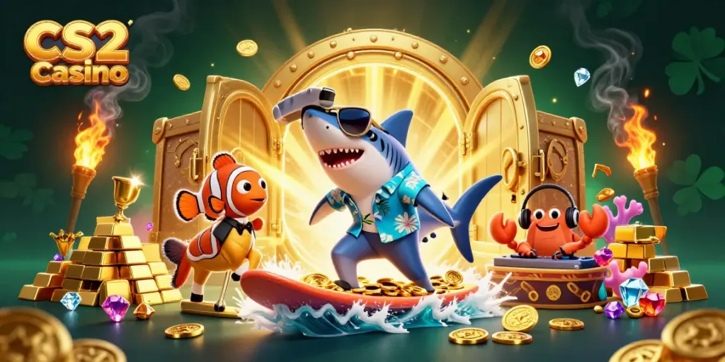 Experience thrilling action at the CS2 Casino with cartoon sea creatures surfing gold coins and gems.