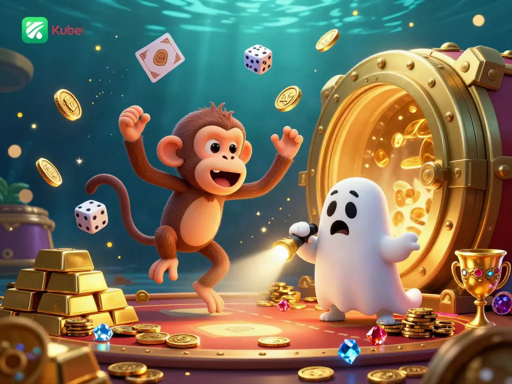 Kubet showcases an enchanting scene of a playful monkey juggling coins and cards in a haunted casino with a curious puppy.