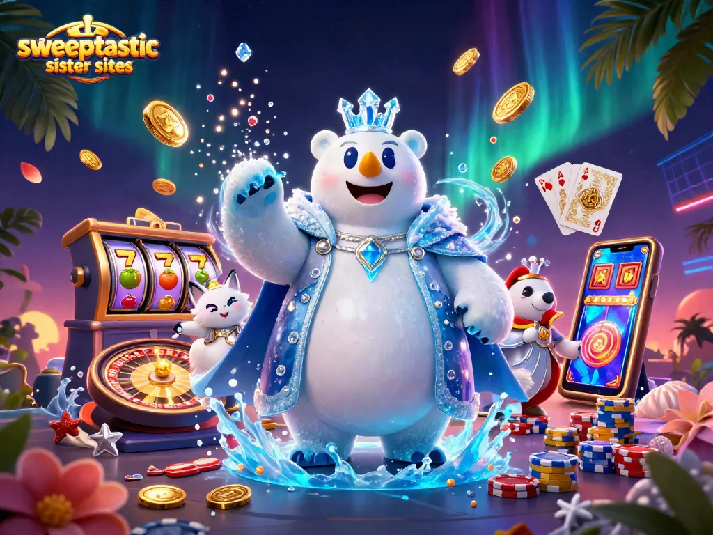 Sweeptastic sister sites: Play exciting casino games with the ice king and snow fox in a vibrant illustrated scene.