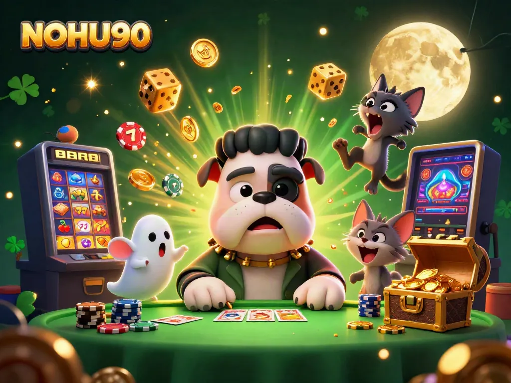 Unleash winning excitement with NOHU90 at a colorful 3D casino scene featuring monster characters and game elements.