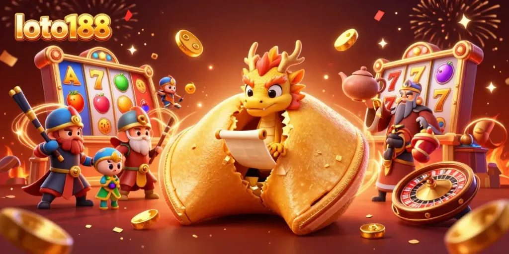 Experience thrilling casino action with loto188's vibrant 3D illustration featuring slots, fortune, and festive characters.