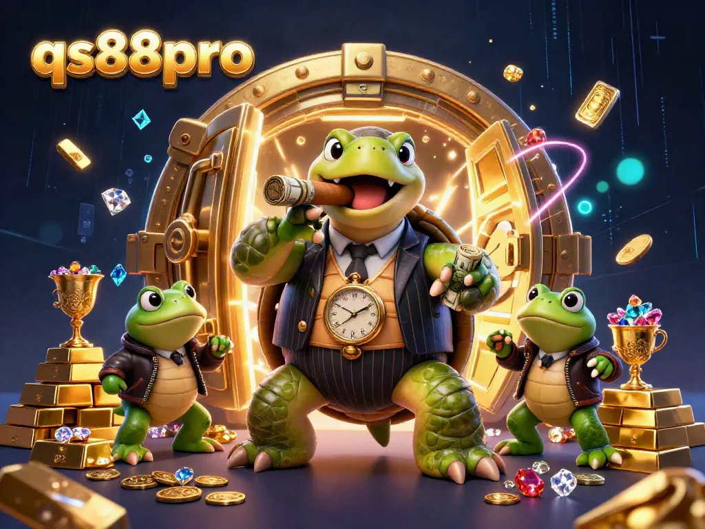 qs88pro showcases a thrilling casino scene with a snapping turtle in a suit, flanked by bullfrogs, amid treasure and excitement.