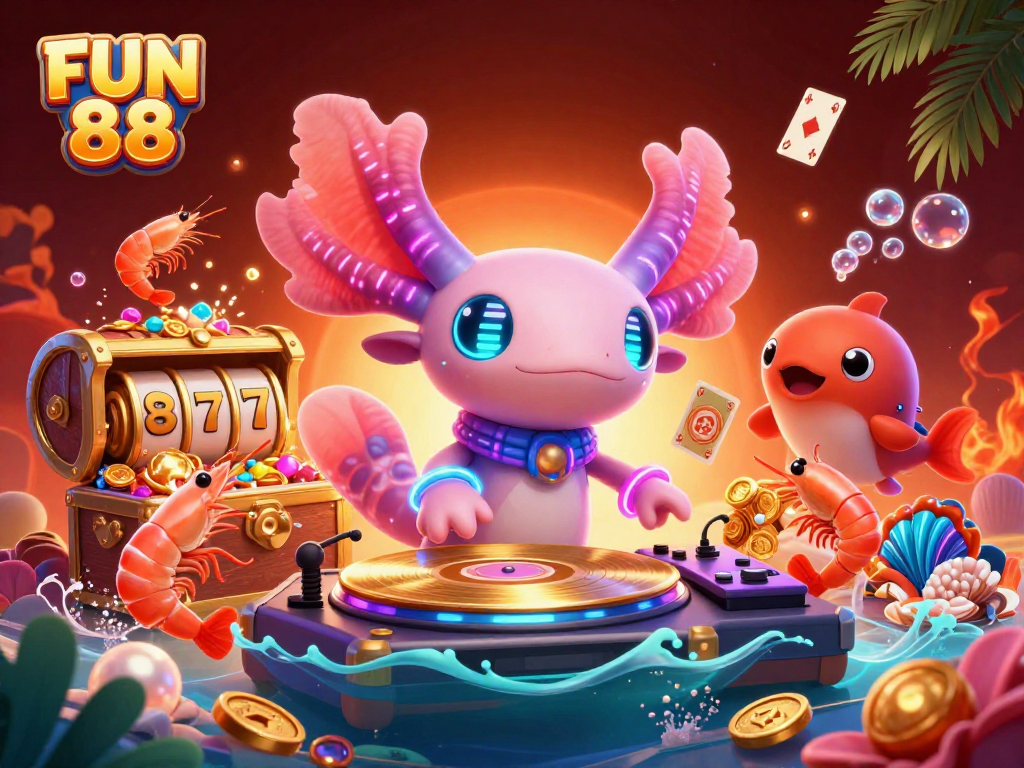 Experience the excitement of FUN 88 with vibrant characters and slot elements showcased in a lively underwater scene.