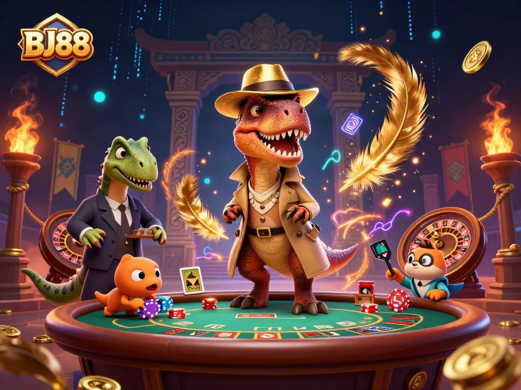 BJ88 velociraptor card counter and stegosaurus pit boss in an action-packed casino scene.