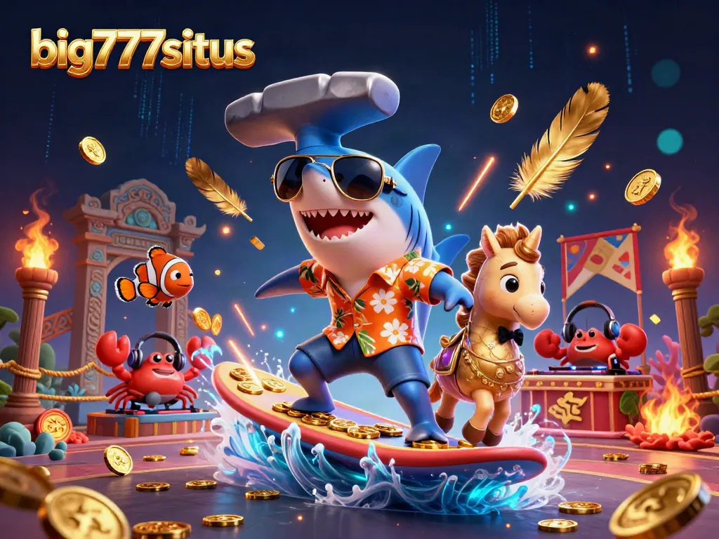 Big777situs showcases a vibrant 3D casino scene featuring characters playing among gold coins.