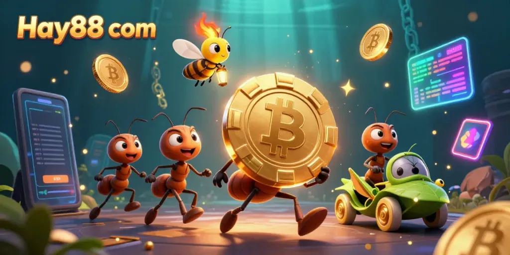 Experience thrilling heists with Hay88 com's animated ants carrying a massive golden poker chip amidst vibrant cryptocurrency elements.