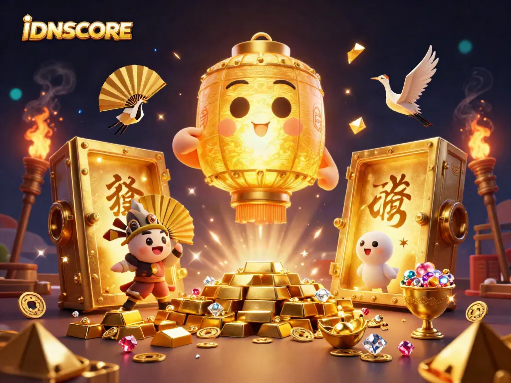 Experience excitement with IDNSCORE's immersive gaming scene featuring dynamic characters and treasure.
