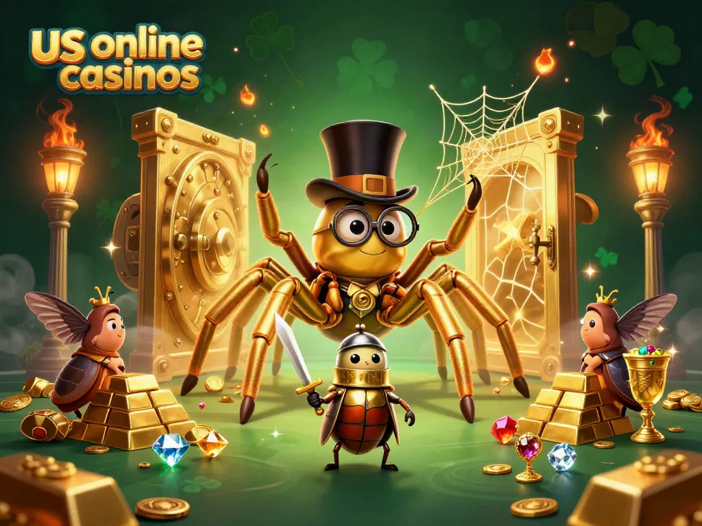 Experience thrilling us online casinos with a golden tarantula weaving wealth amidst vibrant gaming elements.