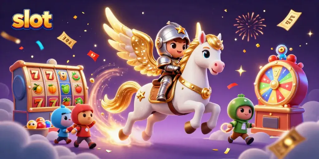 Slot yang penuh warna dengan kuda putih bercahaya dan karakter ksatria, menciptakan momen menang dalam perjudian.