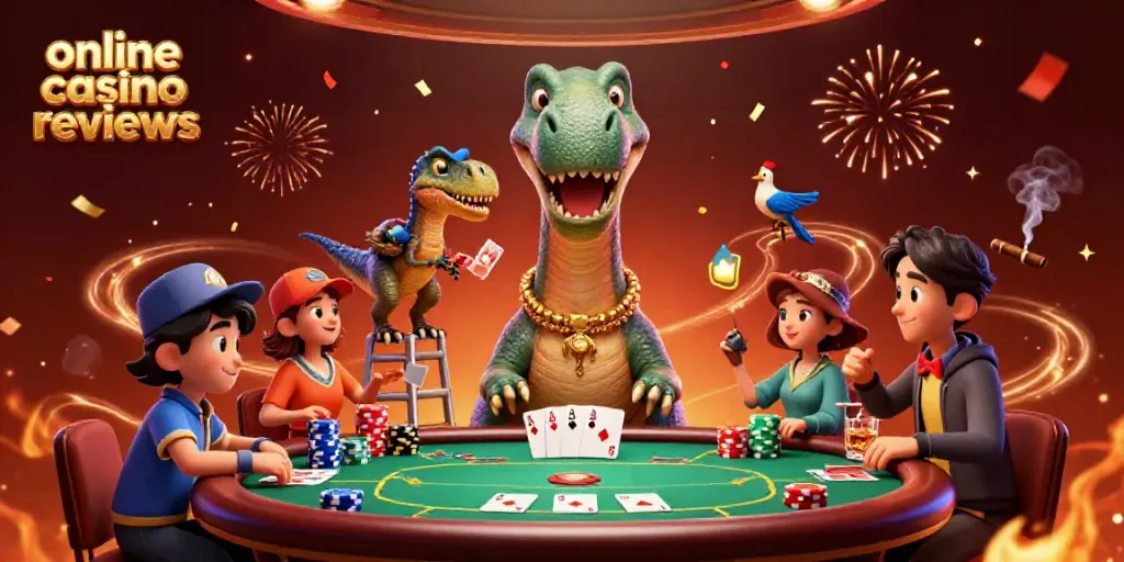 Experience online casino reviews with a monumental brontosaurus overseeing a poker game atmosphere.