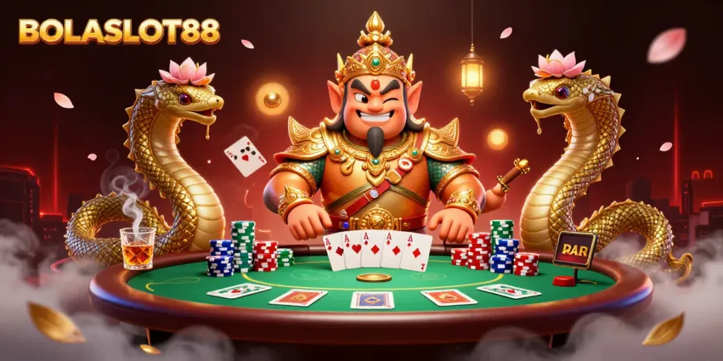 Experience BOLASLOT88 with lively 3D characters and exciting poker elements in a vibrant casino scene.