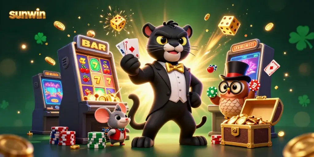 Engage with sunwin's vibrant 3D casino scene featuring colorful characters and exciting slot machine action.