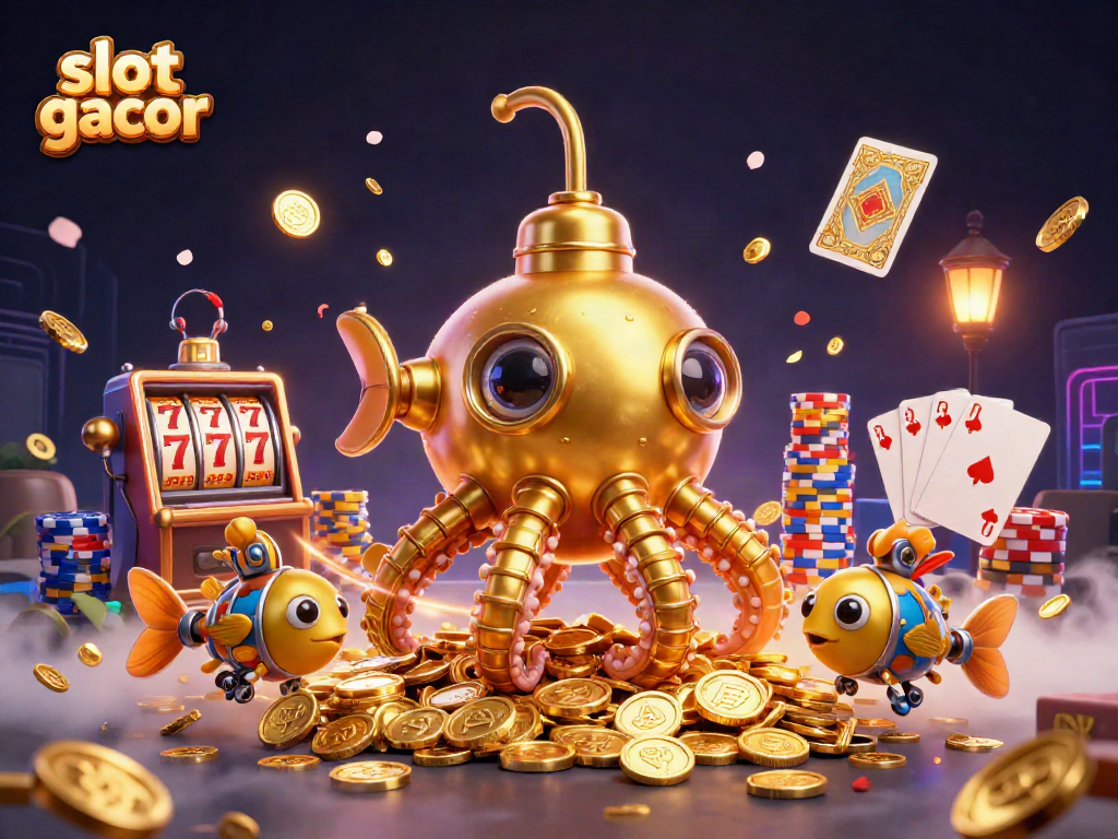 Experience slot gacor with this vibrant 3D illustration featuring a golden kraken submarine and captivating casino elements.