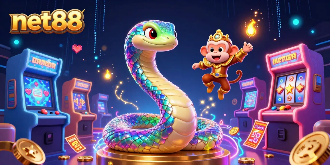 Experience excitement with net88’s vibrant fantasy scene of a rainbow serpent and monkey king amidst dynamic gaming elements.