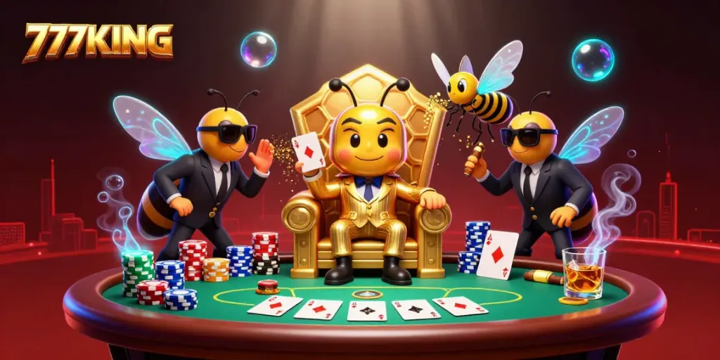 Players engage with 777KING in a vibrant casino scene featuring poker elements.