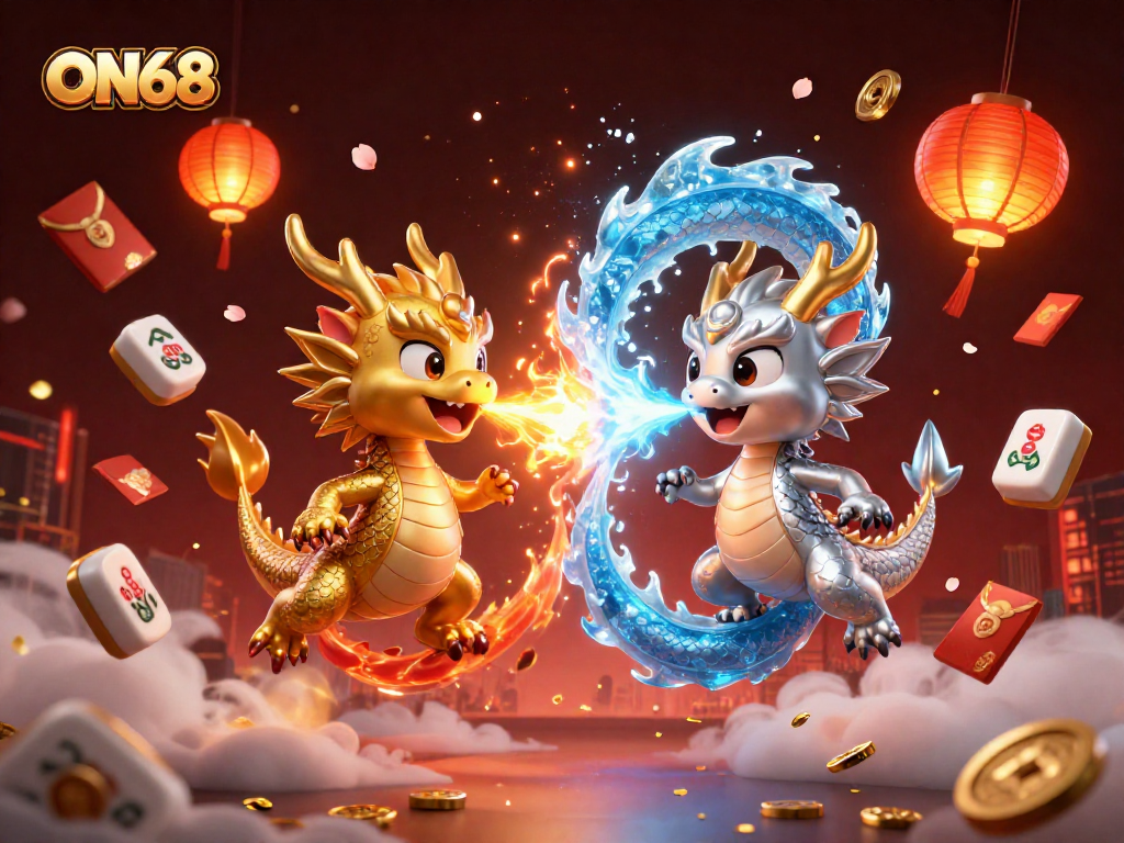 Engage with ON68's thrilling gaming landscape featuring dynamic dragon battles and festive casino elements.