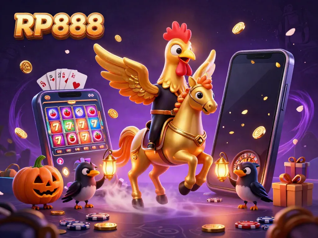RP888 slot gaming illustration showcasing vibrant characters and casino elements in a midnight setting.