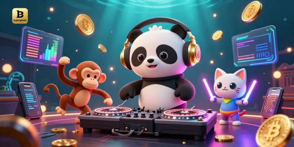 Bujangtoto features a DJ panda, dancing monkey, and rave kitten in a vibrant casino scene with crypto elements.