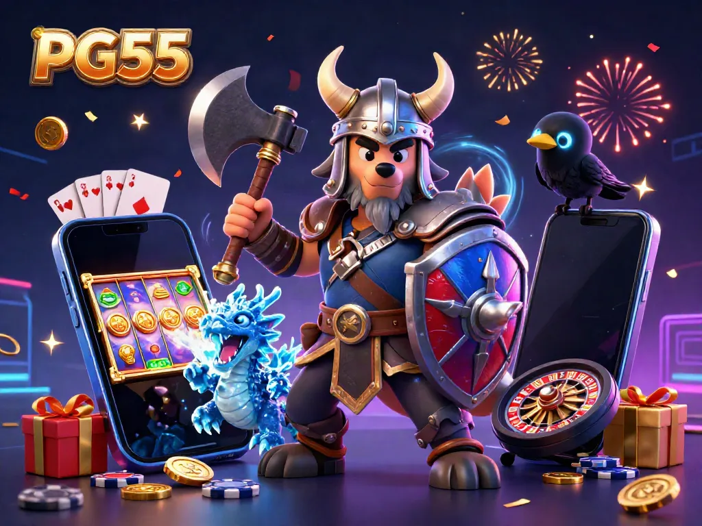 Engage with PG55's thrilling casino experience featuring Viking warrior, dragon, and vibrant game elements.