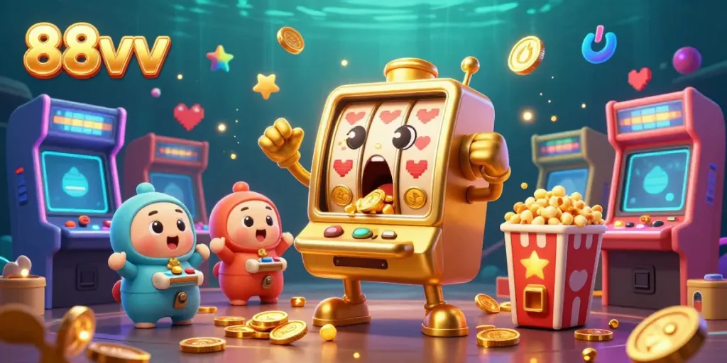 Experience the thrilling jackpot moment at 88vv as a golden slot machine excitedly wins with coins cascading down, surrounded by cheering baby machines.