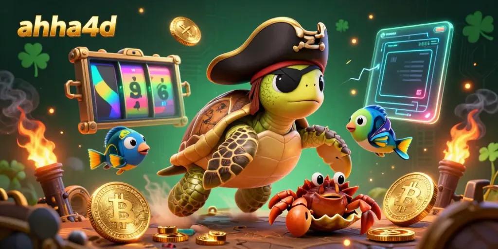 Play exciting slot games at ahha4d with a vibrant scene of a pirate turtle and glowing crypto coins.