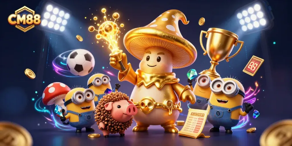 Experience thrilling moments at CM88 casino with a vibrant 3D scene of sports magic and golden treasures.