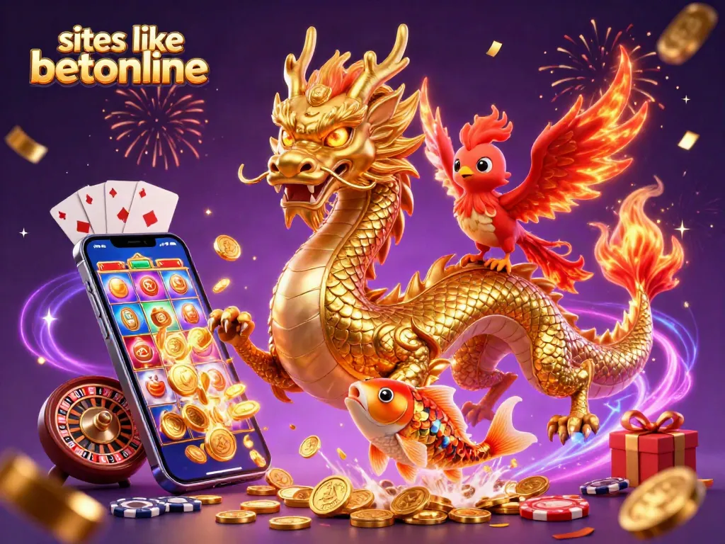 Engage in thrilling gameplay with sites like betonline, featuring a dragon, phoenix, and koi fish amid casino delights.