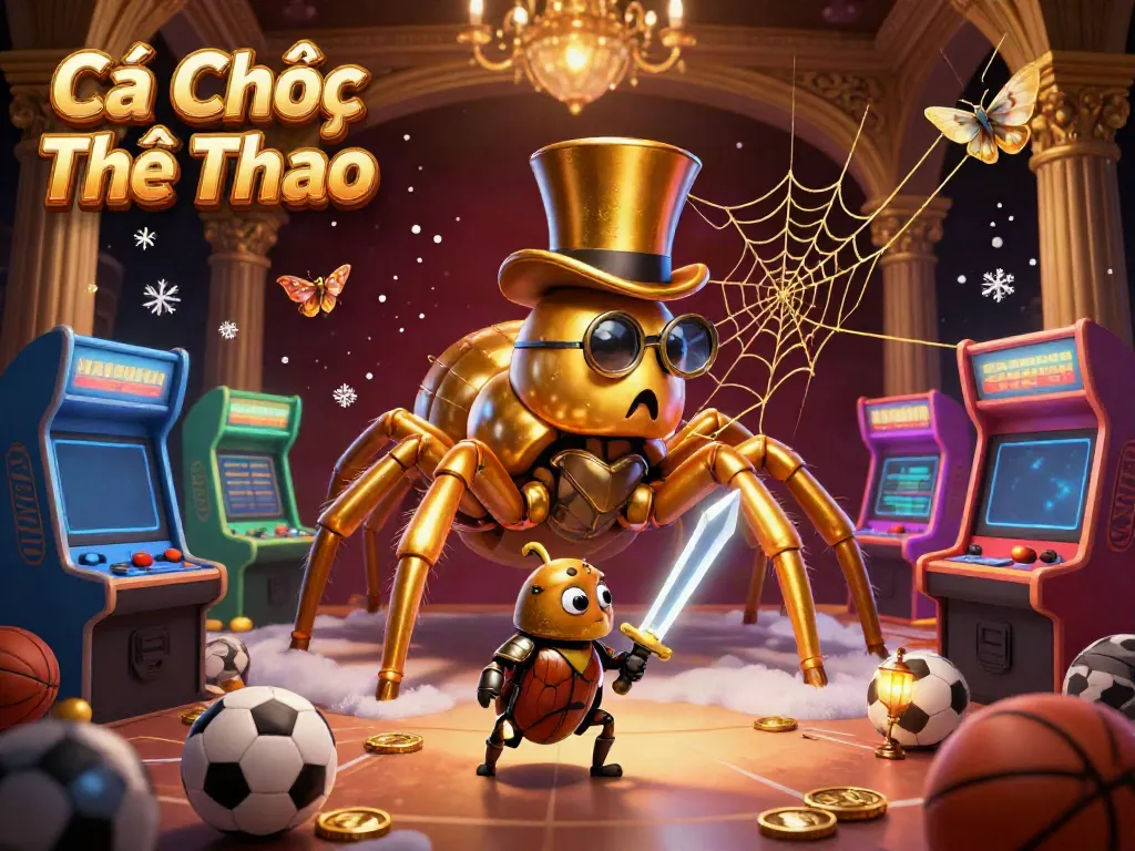 Cá Cược Thể Thao sports betting scene features a golden tarantula weaving webs with arcade machines and sports elements.