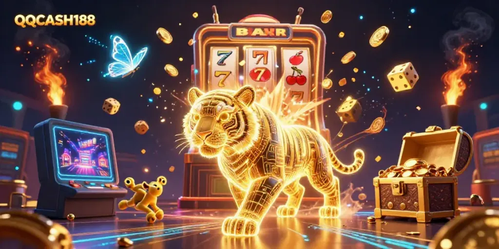 Experience the thrill with QQCASH188 in a vibrant 3D casino scene, featuring golden tiger and jackpot excitement.
