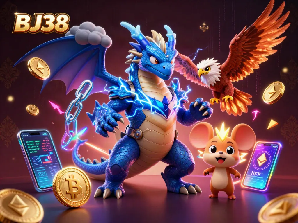BJ38 unleashes an electrifying casino adventure with a 3D thunder dragon, glowing crypto coins, and dynamic game elements.