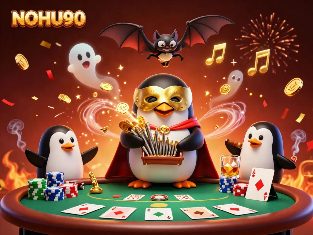 Experience the thrill at NOHU90 with a vibrant 3D casino scene filled with characters and gaming excitement.