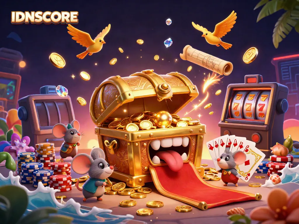 Experience the thrill of IDNSCORE with engaging visuals of gaming elements and rewards.