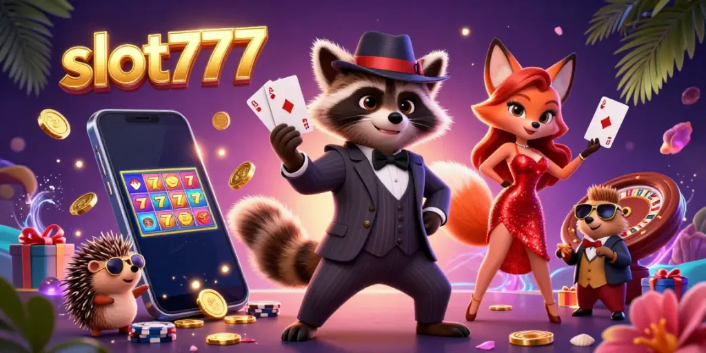Experience the excitement of slot777 with our vibrant 3D casino scene featuring raccoon and fox characters.