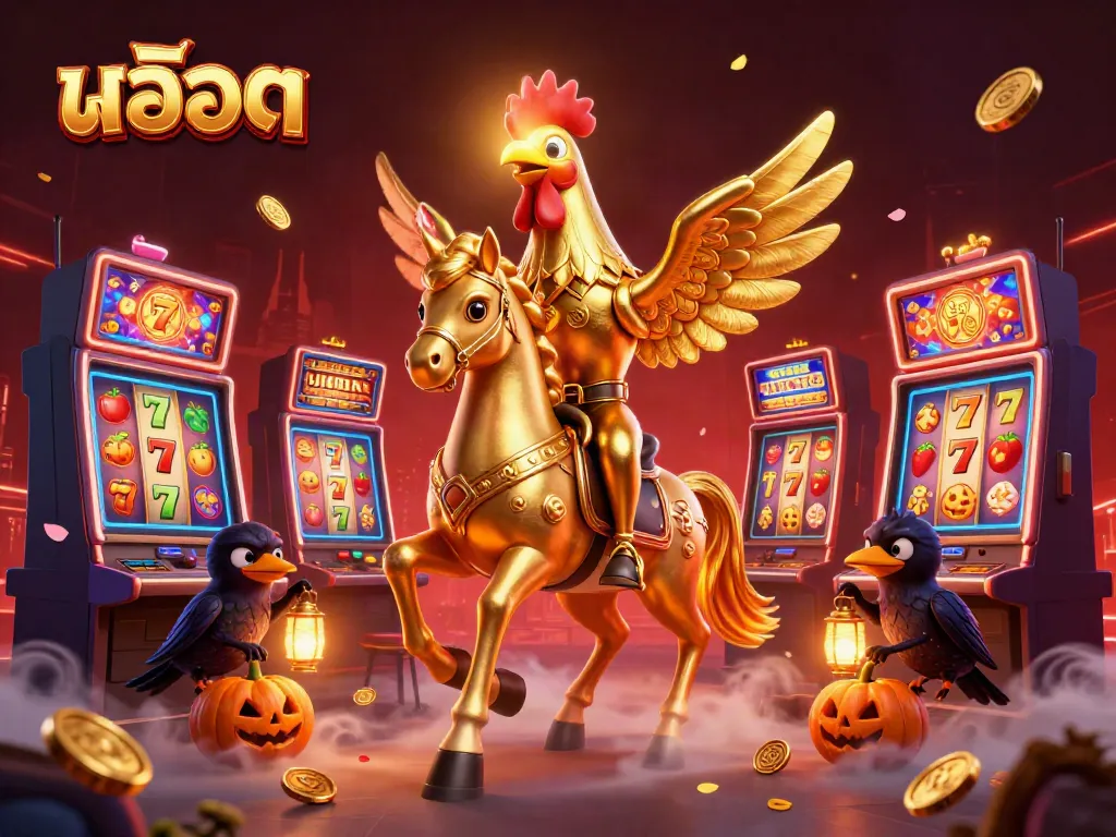 Engaging slot scene with golden rooster character amidst dynamic slot machines showcasing vibrant reels and jackpots.