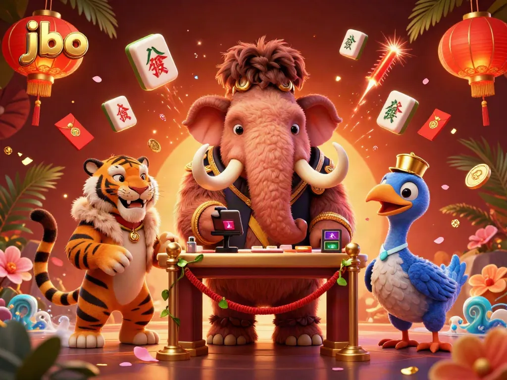 Engage with the exciting world of jbo in this vibrant 3D illustration depicting a mammoth bouncer, a saber-tooth tiger guest, and a dodo doorman.