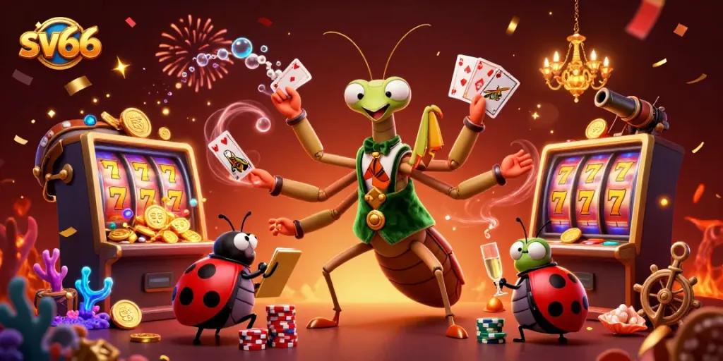 Experience excitement at sv66 with a lively casino scene featuring vibrant characters and fun game elements.