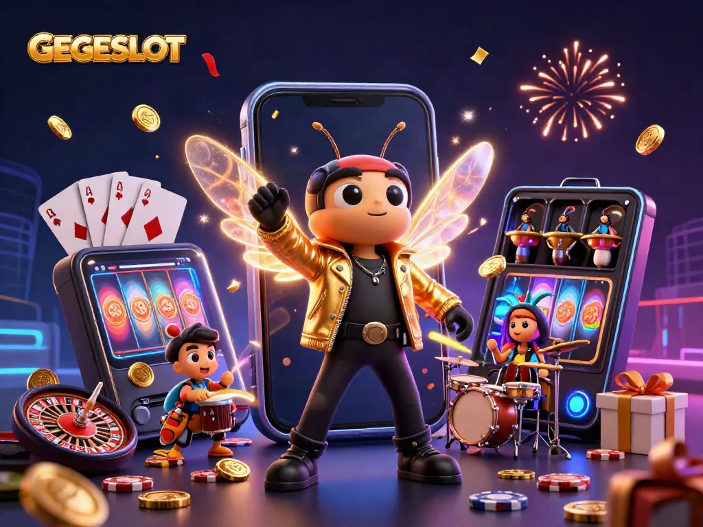 Experience GEGESLOT's enchanting casino scene with rock star cicada, vibrant slot games, and festive confetti.