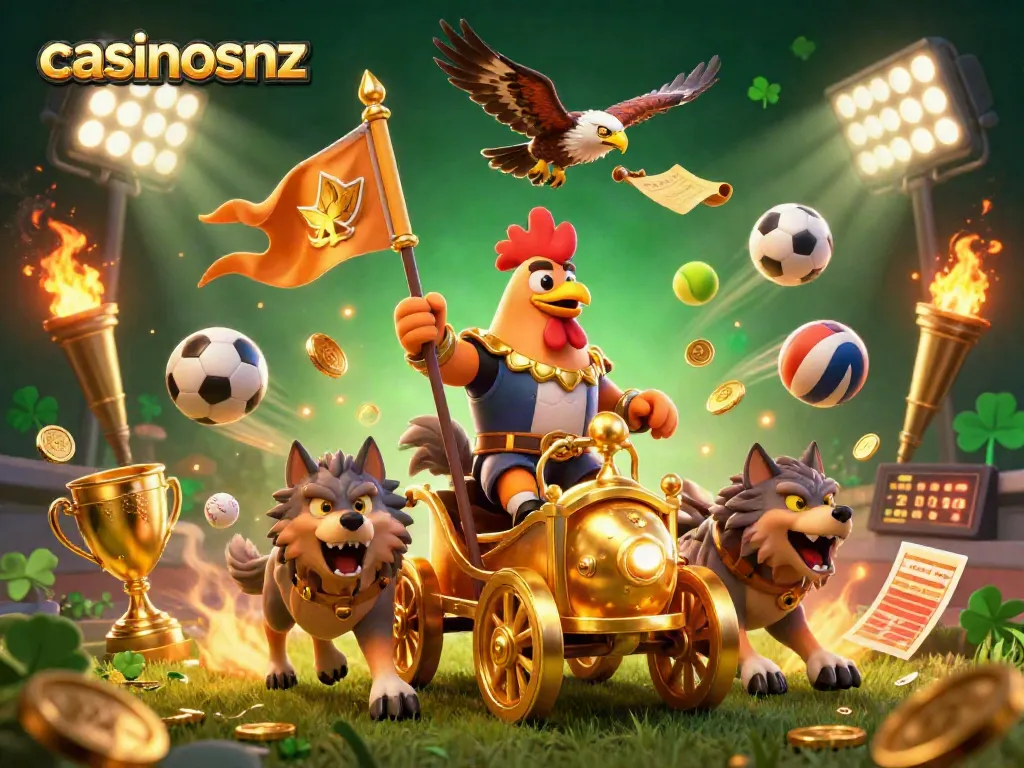 Experience the excitement of casinosnz with a dynamic illustration of a rooster warlord leading a thrilling gaming scene.